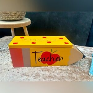 Eccolo Yellow Teacher Wooden Pencil Shaped Box with Lid New Gift